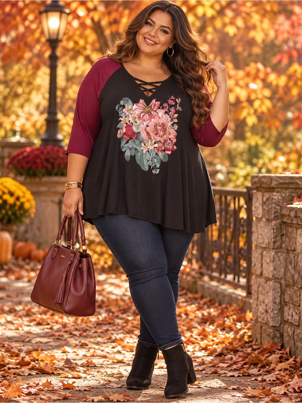 Torrid 4X Floral Lace Up Tunic Top Black Burgundy Boho Plus Size